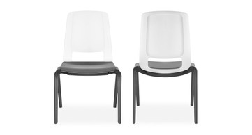 The Flex Chair's simple, two-tone gray and white color scheme complements a wide range of needs